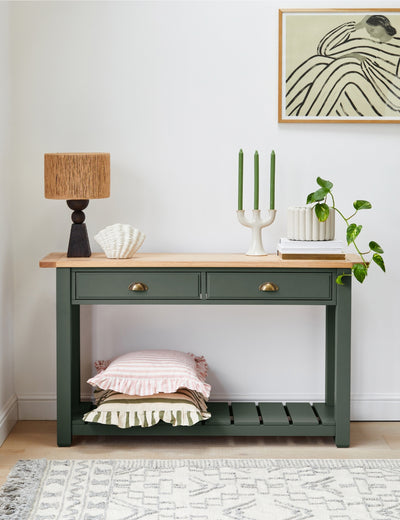 Earthy Green Oak Console Table with Drawers