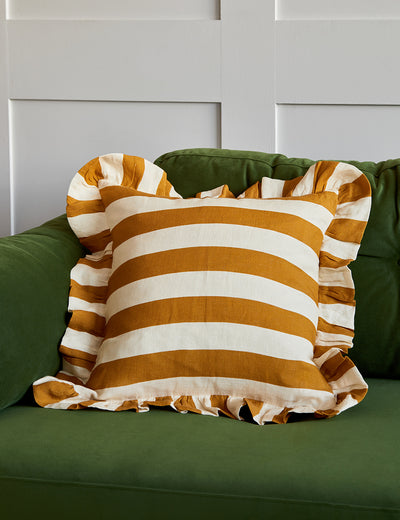 Amuse La Bouche Ochre & Ivory Ruffle Striped Cushion
