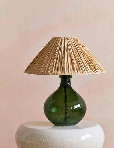 Green Glass & Raffia Table Lamp