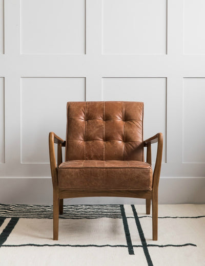 Mid-Century Button-and-Stud Brown Leather Armchair