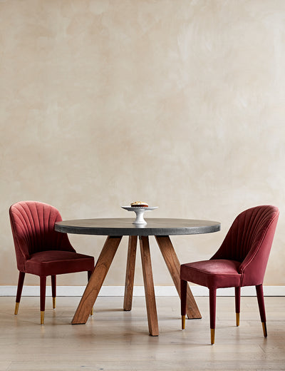 Round Trondheim Cement & Mindi Wood Dining Table Styled