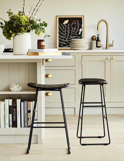 Teak Wood and Steel Bar Stool Black